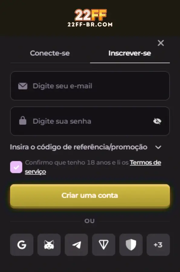 Página de cadastro simples no 22FF Cassino